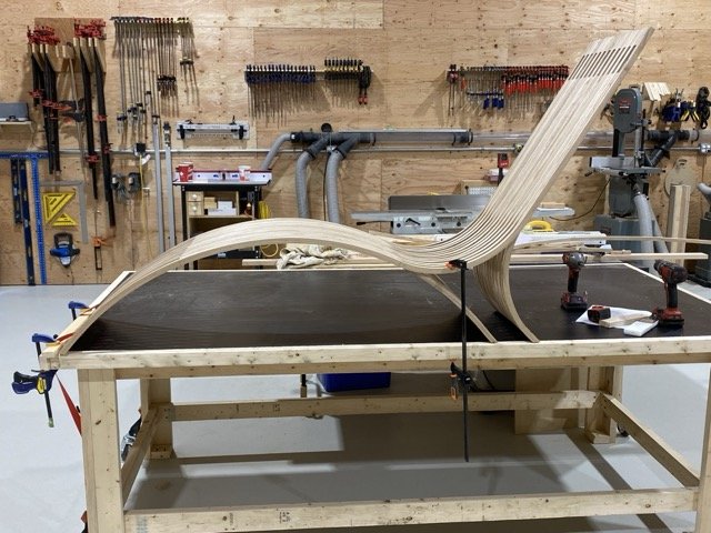 Zarum woodworking skills. Ash strip lounger. The ash strips are steam bent to take the final shape