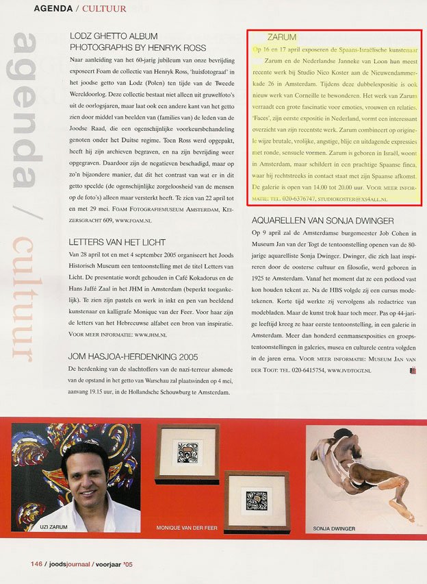 Magazine page with articles, images of the artist Zarum, Monique van der Feer, and Sonja Dwinger, and sections titled 'Agenda', 'Cultur', and 'Letters Van Het Licht'.
