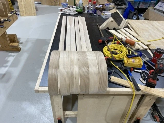 Zarum Woodworking skills. Ash strip toboggan. Here the strips have been cut and steam bent to take the final shape.