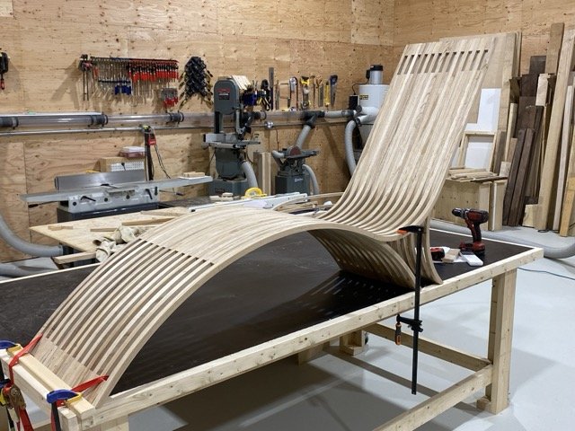 Zarum woodworking skills. Ash strip lounger. The ash strips are steam bent to take the final shape
