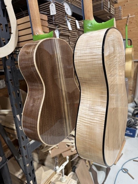 Shown are a Zarum Flamenco with Curly Maple back and sides as well as a Zarum Classical with Walnut back and sides.