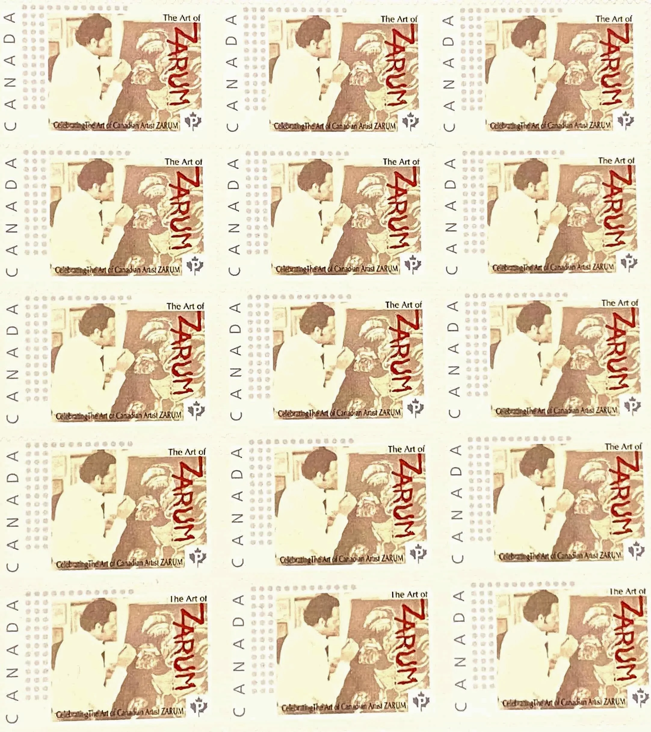 Sheet of multiple Canadian stamps, with text 'The Art of ZARUM' and 'Celebrating the Art of Canadian Artist ZARUM'.