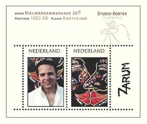 A postcard featuring two Dutch postage stamps, one with a portrait of a the artists Zarum and the other with a Zarum Painting, and handwritten address details in Dutch. Used  the Amsterdam art exhibit featuring the artist Zarum.