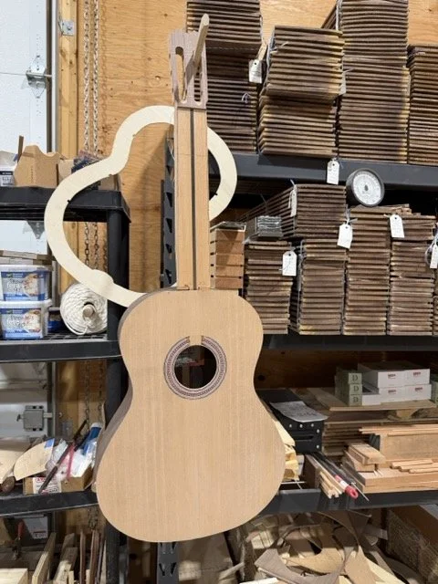 Zarum Flamenco model under construction with a cedar top and Indian rosewood sides and back