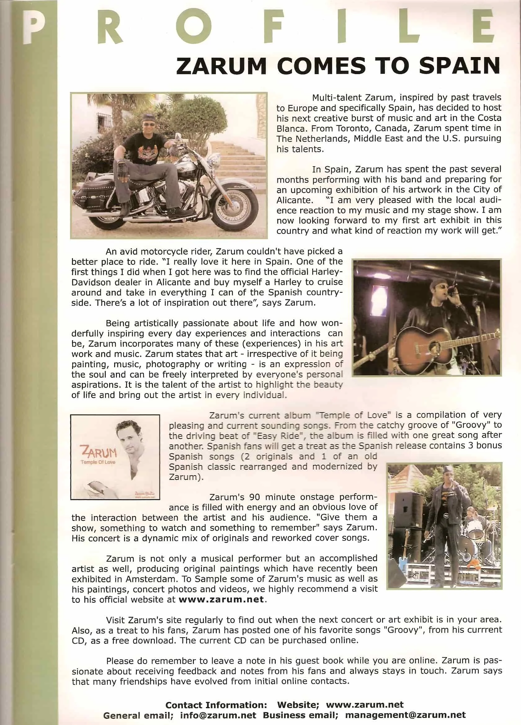 A magazine article about musician Zarum, featuring three photographs: Zarum sitting on a motorcycle, Zarum performing with a guitar, and Zarum standing outdoors with a band equipment.