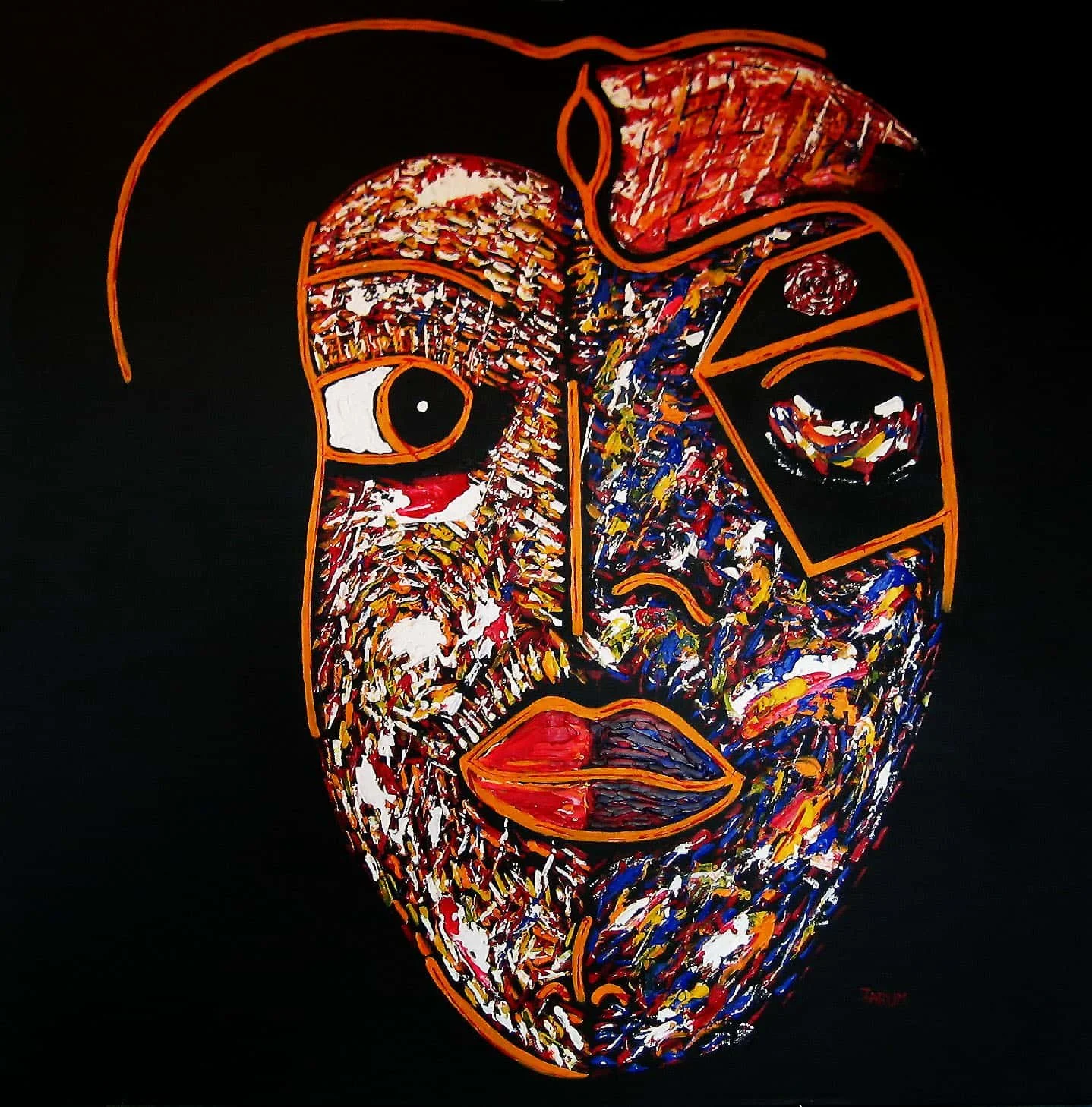 Abstract colorful painting of a human face on a black background, outlined with orange lines, featuring exaggerated facial features and expressive brushstrokes.