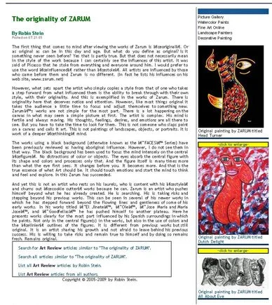 Page from a publication titled 'The originality of ZARUM' by Robin Stein, featuring text, a picture gallery, and two colored illustrations of a character with red skin and horns.