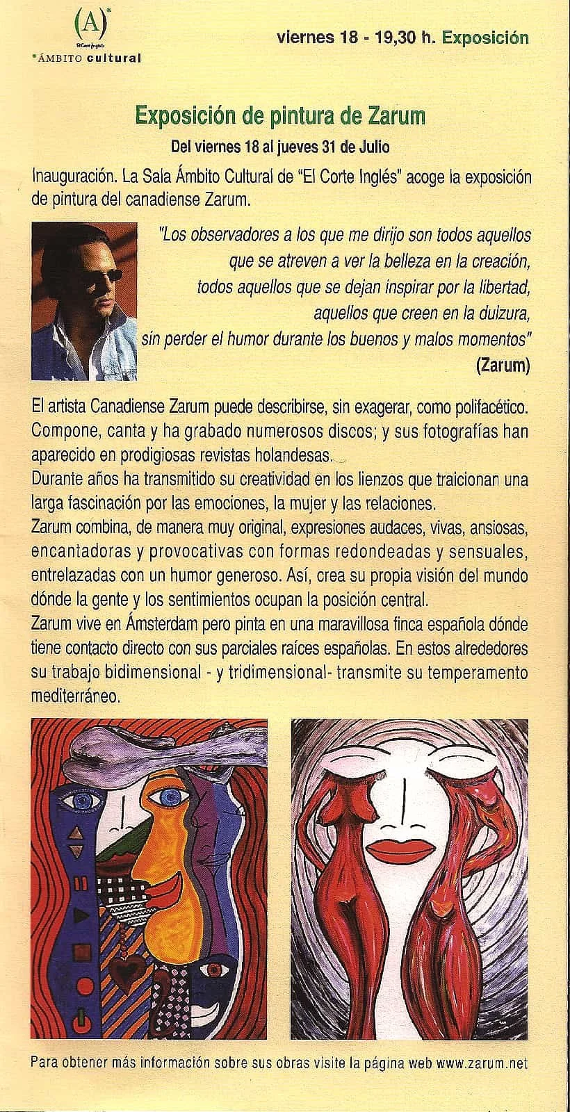 Flyer advertising an art exhibition of paintings by Canadian artist Zarum at the Cultural Range Room of El Corte Inglés from July 18 to July 31, featuring a quote by Zarum and images of two colorful abstract paintings.