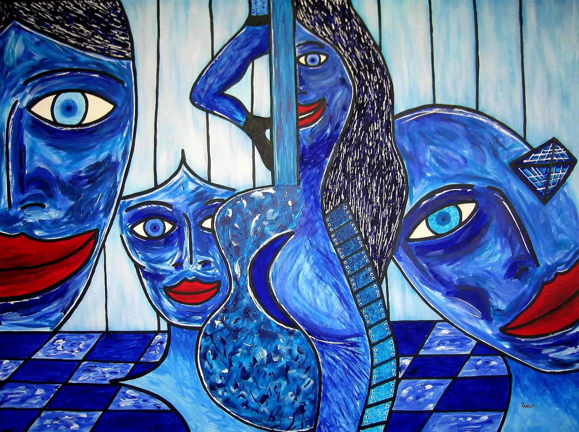 Title: A Mess Of Blues     Medium: Acrylic on Canvas      Size: 130cm X 70cm

A Mess of Blues: We all have memories of past relationships that ended in the opposite direction of what we wanted. While they may be sad, I simply remember them in a glow 
