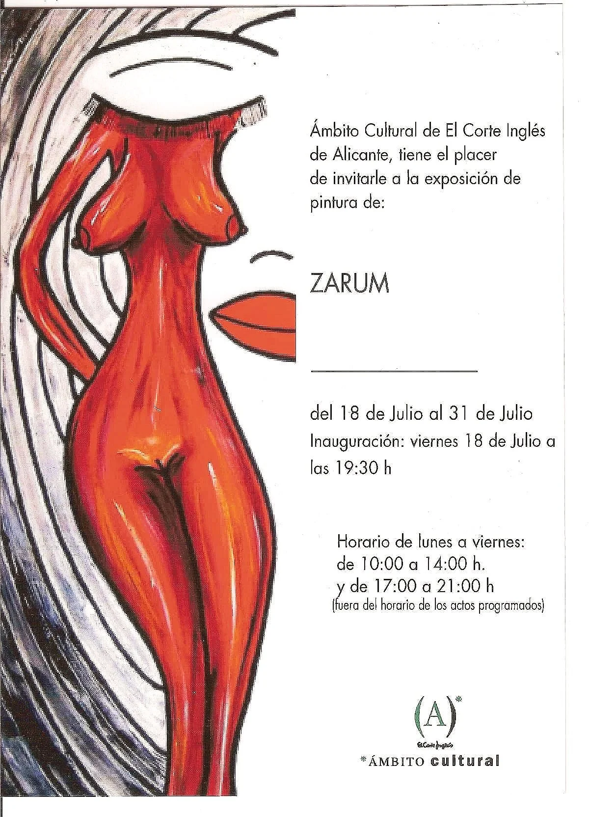 Invitation to an ZARUM art exhibition featuring a painting of a stylized, abstract female figure with red-orange skin tone, short hair, and minimal facial features, on the left side of the flyer, with event details on the right side.
