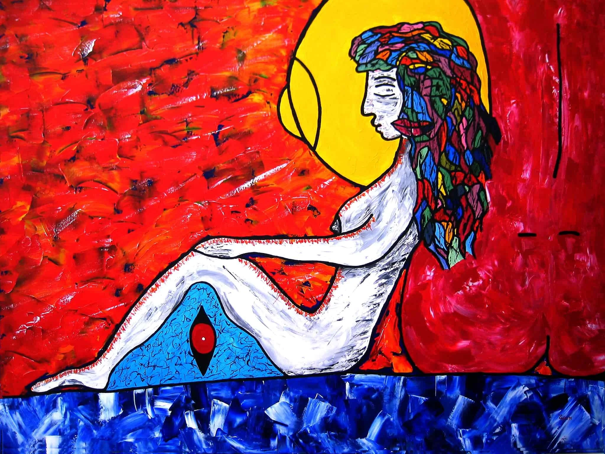 Title: Nude On The Beach   Medium: Acrylic on Canvas      Size: 130cm X 97cm

Nude on the Beach: Living on the Mediterranean coast it is not unnatural to come across nude sunbathers. I have often watched the people watching the sunbathers as much as 