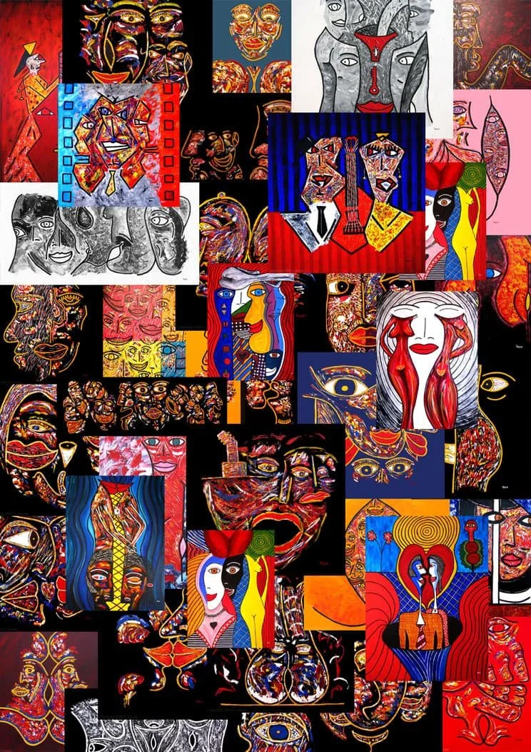 ZARUM paintings Collage of colorful abstract and cubist-style portraits and faces with exaggerated features, bold lines, vibrant colors, and intricate patterns.