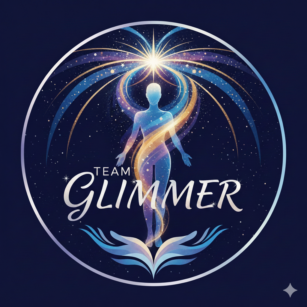A stylized illustration of a human figure with cosmic and light effects, surrounded by starry patterns and colorful swirls, with the words 'Team Glimmer' written across the figure.