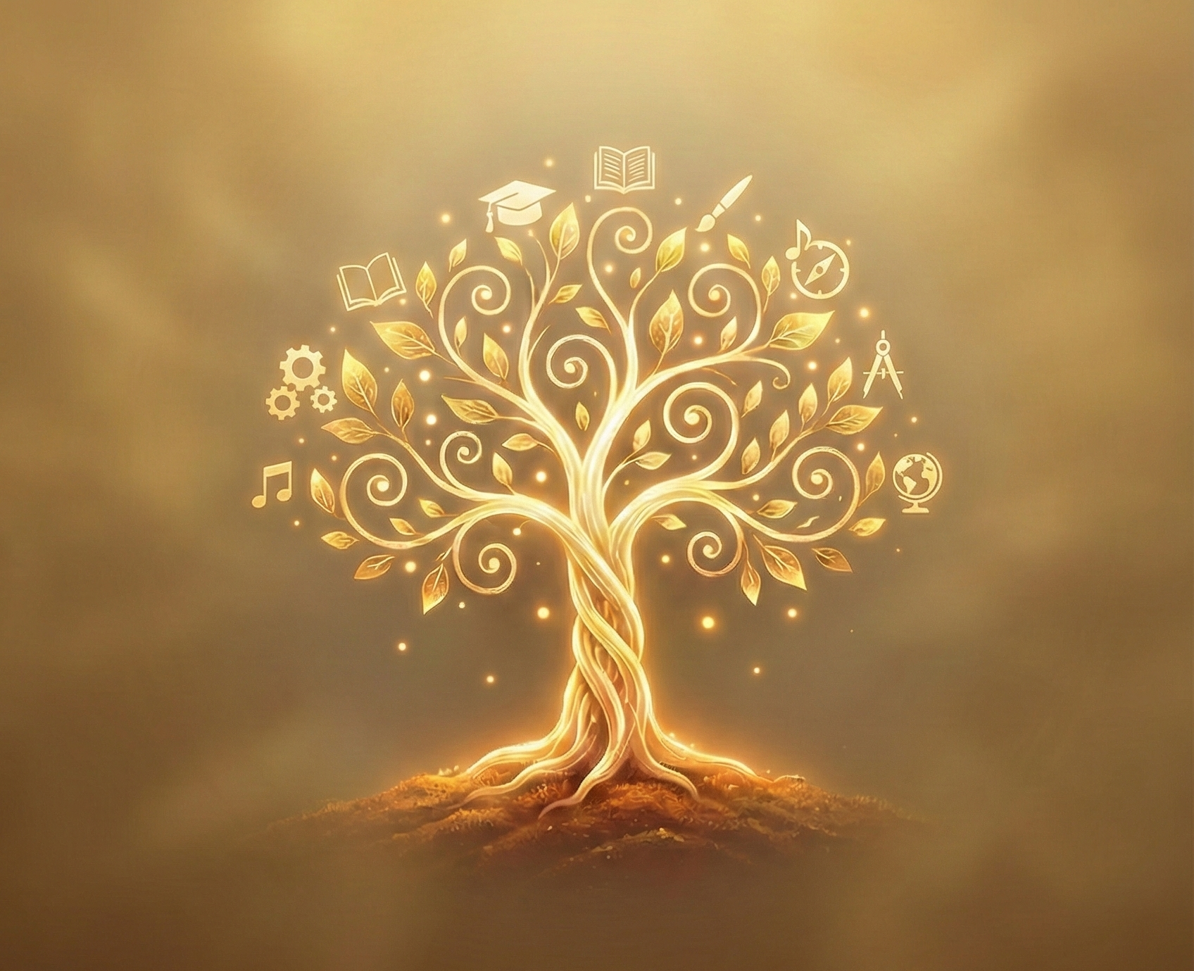 A glowing digital illustration of a tree with swirling branches and golden leaves, surrounded by icons representing education and learning, such as books, a graduation cap, gears, musical notes, a compass, a paintbrush, and a globe.