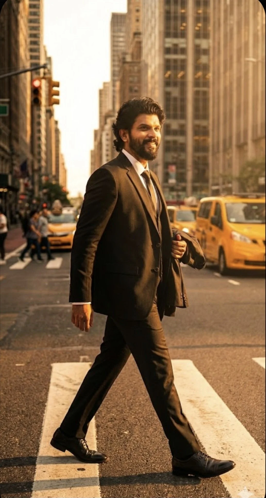 A man in a suit walks across a city crosswalk, with tall buildings and yellow taxis in the background during sunset.