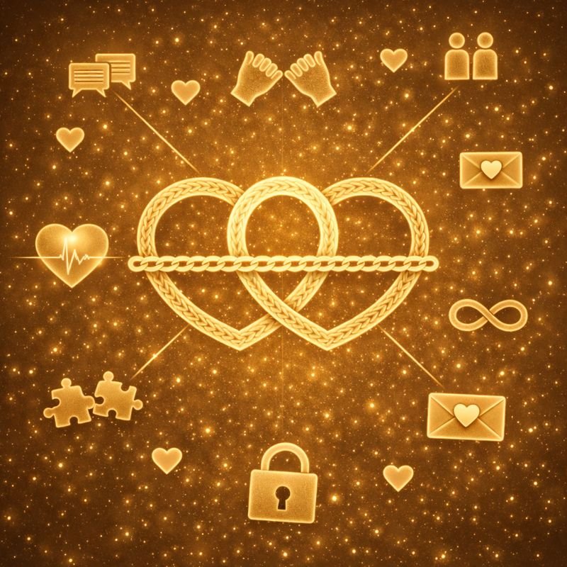 Two intertwined gold hearts with a chain across them, surrounded by icons representing communication, love, connection, health, puzzles, security, and infinity, on a sparkling gold background.