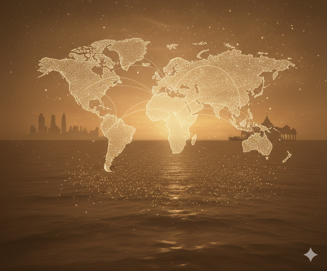 Digital map of the world with interconnected lines, overlaid on a sunset view of a city skyline and ocean.