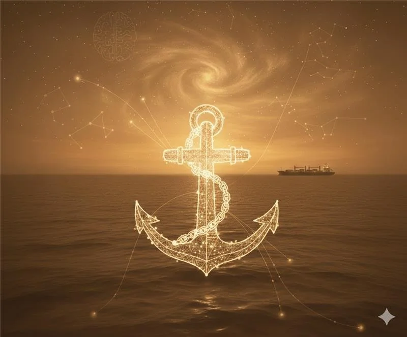 A glowing digital outline of an anchor with a rope, floating over the ocean at sunset or sunrise, with a distant ship on the horizon, and a swirling galaxy with constellations above.