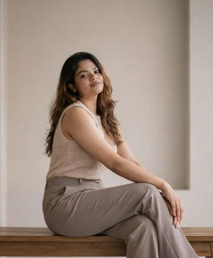 A woman with long brown hair sitting on a wooden bench, wearing a beige sleeveless top and taupe pants, looking slightly to the side with a neutral expression.