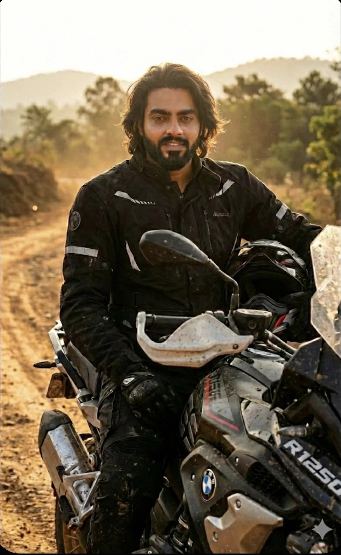 A man with dark hair, beard, and brown skin riding a dirt bike on a dirt trail in a rural area during sunset, wearing a black motorcycle jacket and gloves, holding a helmet, with green trees and hills in the background.