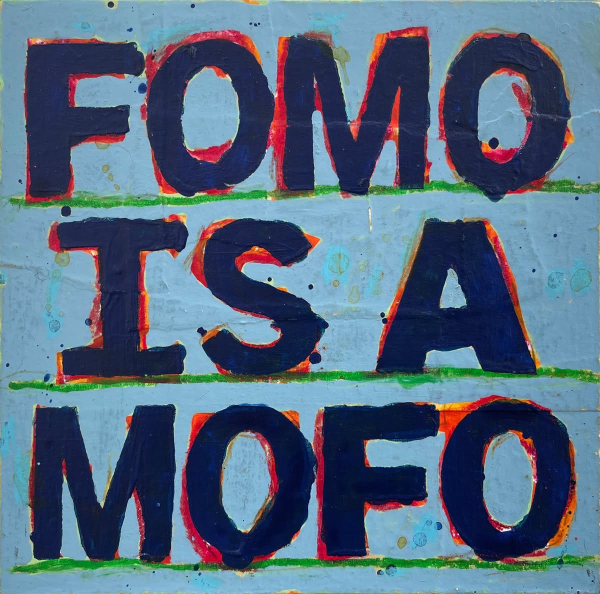 "FOMO" is the third of 3 new pieces included in @studiogallerysf 's annual Tiny Show! The show features artwork from over 225 local artists in a variety of media!

"FOMO" combines an acronym (FOMO) with an abbreviation (MOFO) (bot
