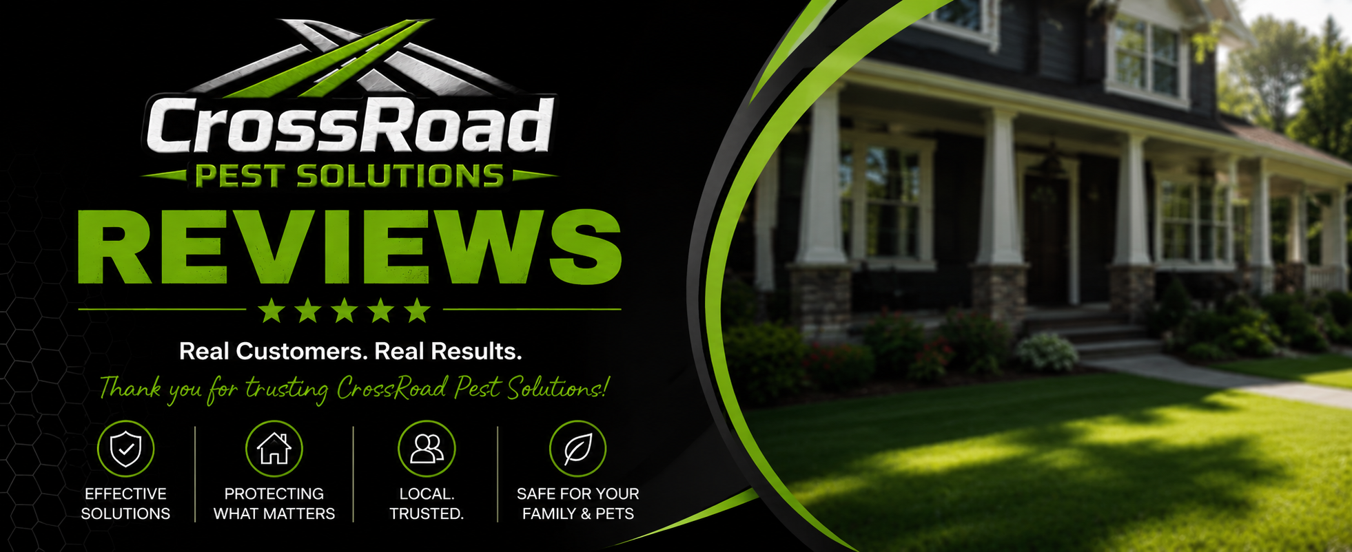 CrossRoad Pest Solutions Reviews sign with house in background.