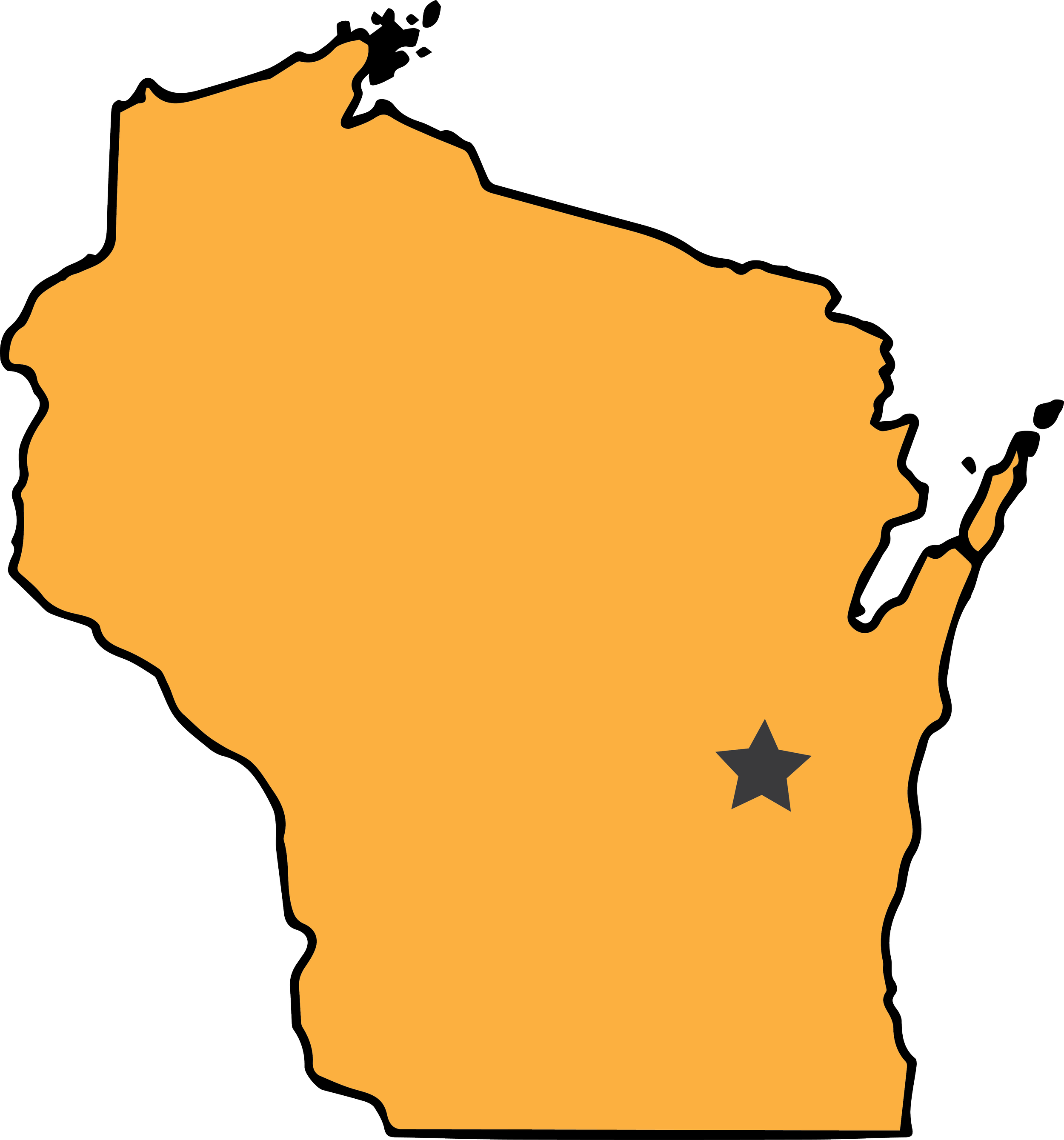 Outline map of Wisconsin with a star marking a location in the southeastern part of the state.