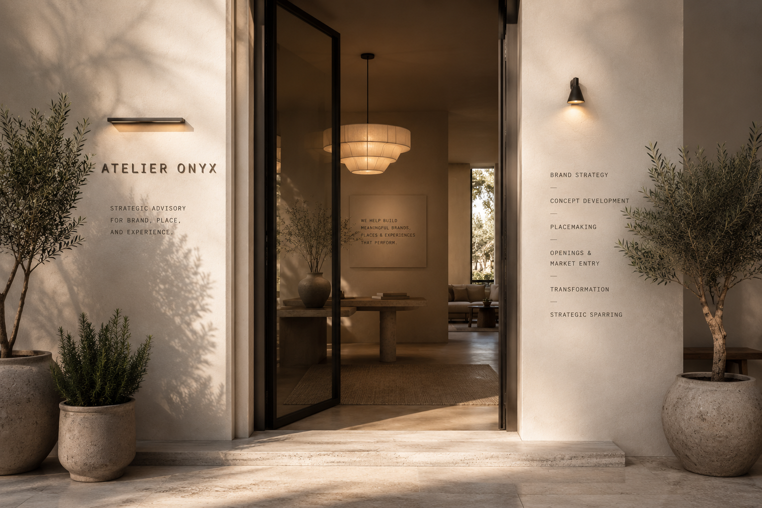 Atelier Onyx - Eingang des Studios mit Pflanzen und Textwänden, die Beratung und Strategiedienstleistungen zeigen.
