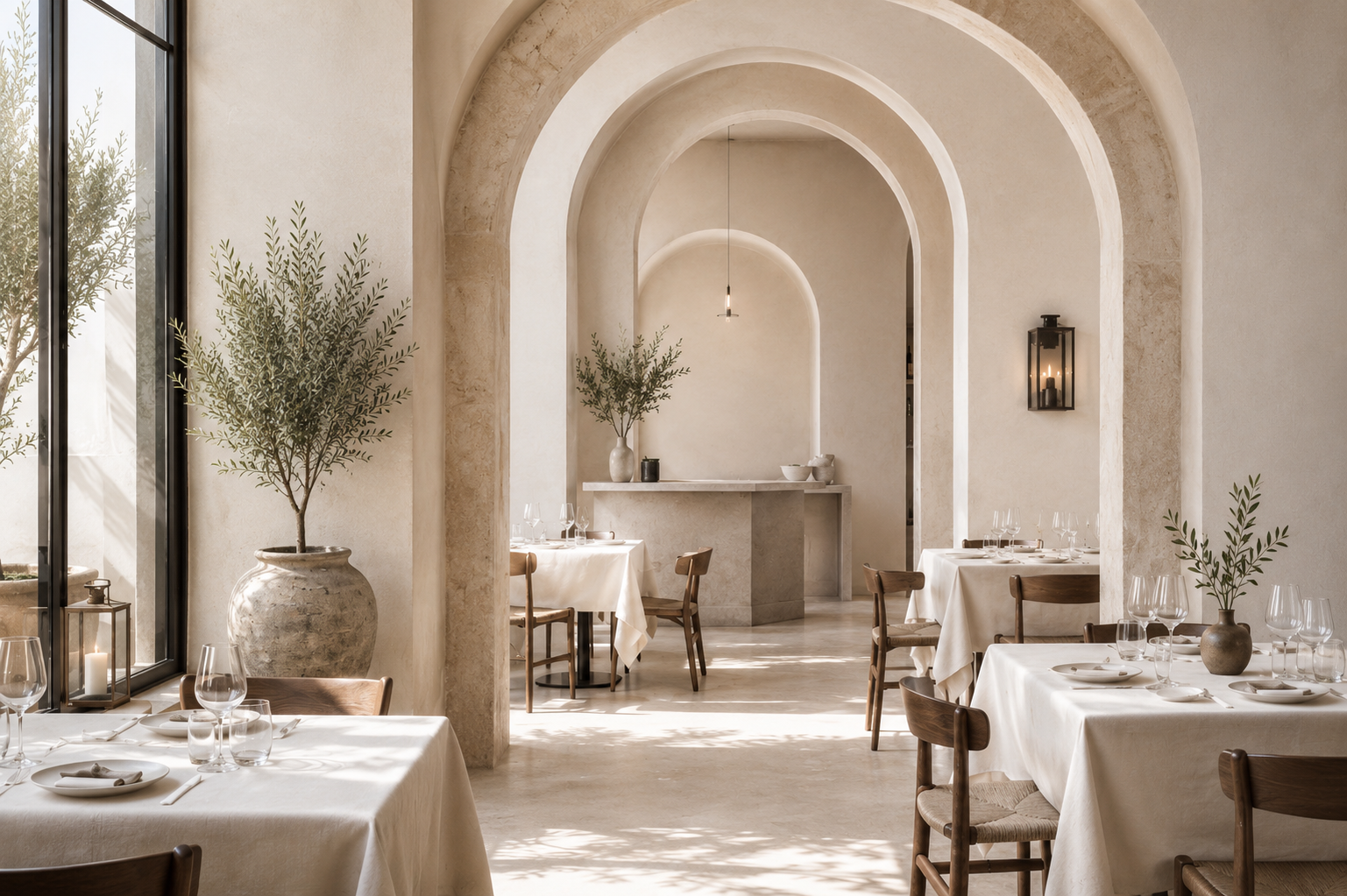 Atelier Onyx - elegantes, lichtdurchflutetes Restaurant mit weißen Tischen, Stühlen aus Holz, großen Töpfen mit grünen Pflanzen, Wandlampen und großen Fenstern, die Sonnenlicht hereinlassen.