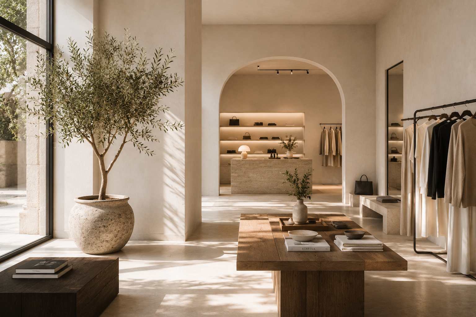 Atelier Onyx - Heller, minimalistisch eingerichteter Modeboutique und Store mit großer Topfpflanze, Holztisch mit Büchern und Geschirr, Kleiderstange, Nischen mit Taschen und Kleidung.