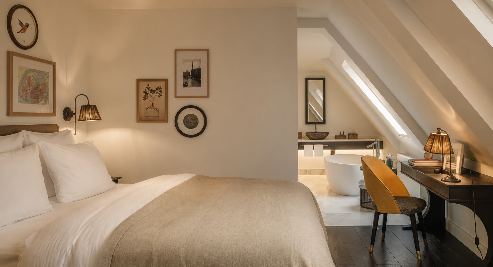 Atelier Onyx - Schlafzimmer mit weißem Bett, Wanddekoration, Arbeitstisch, Stuhl, Badezimmer mit freistehender Badewanne und Waschbecken im Dachgeschoss mit schrägen Decken und Dachfenstern.