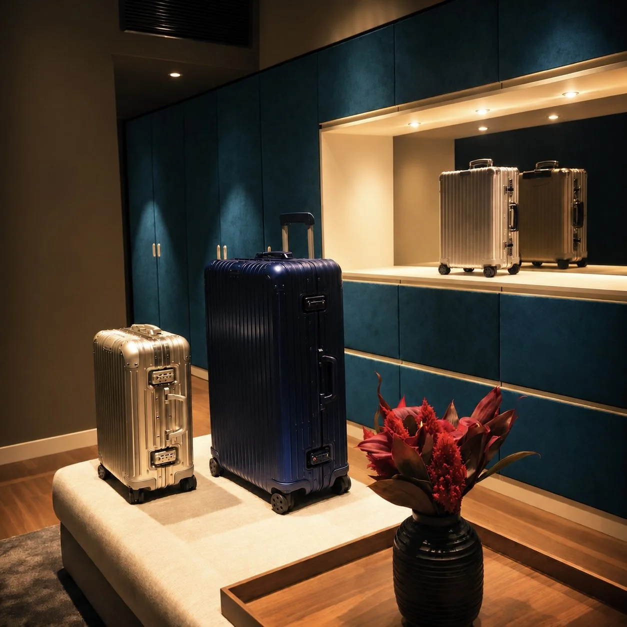 Atelier Onyx - stilvoll eingerichtete Lobby mit einem schwarzen Klavier, einem passenden Stuhl, großen Fenstern mit Vorhängen, einem schwarzen Teppich mit einem Tiermotiv und einer großen goldfarbenen Vase mit einer Blumen- und Zweigdeko.
