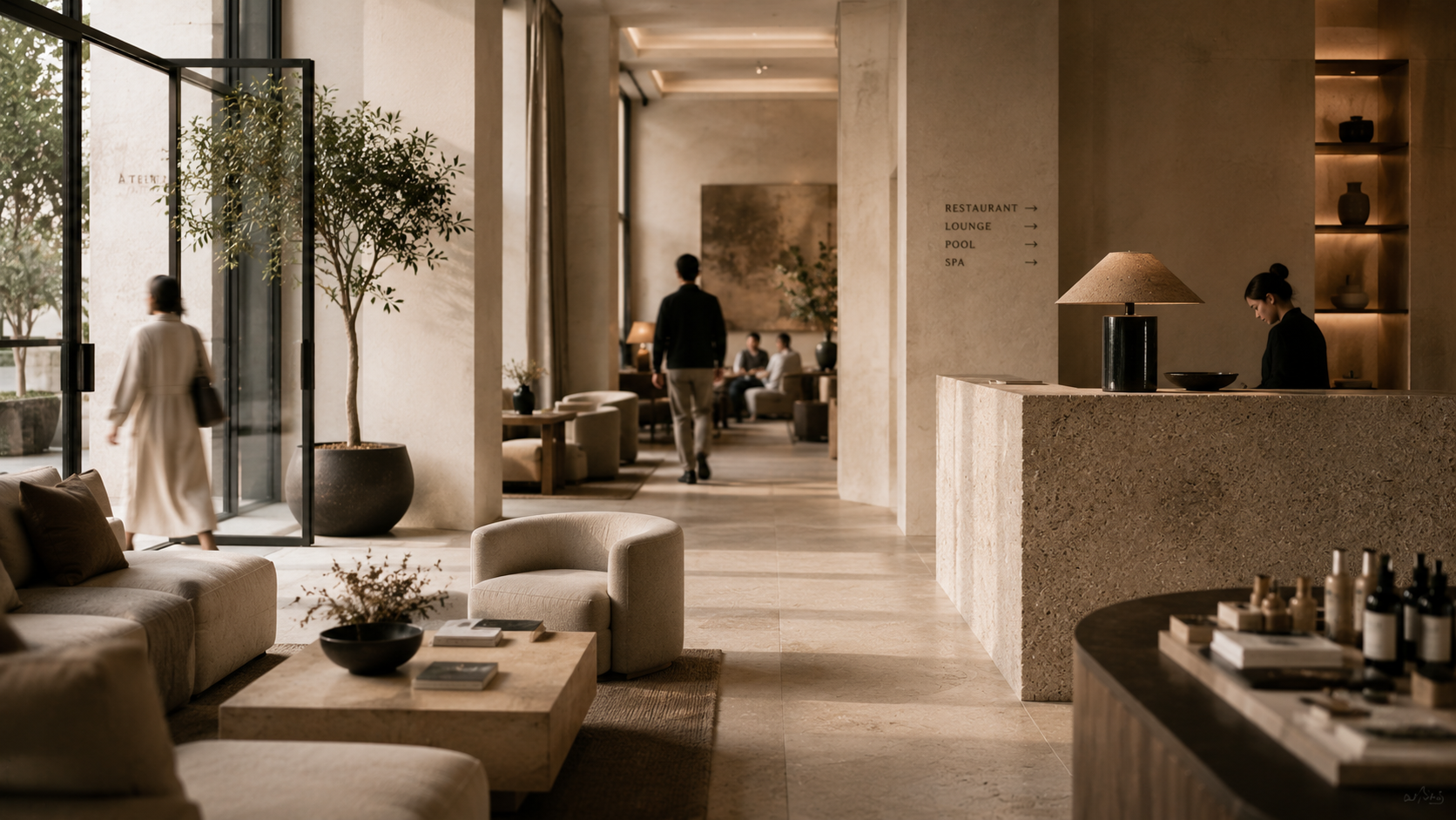 Atelier Onyx - elegantes Hotel-Lobby mit bequemen Sitzmöbeln, Empfang mit Tischlampe, einer großen Pflanze, und einem Blick auf eine Lounge mit weiteren Sitzgelegenheiten und Gästen im Hintergrund.
