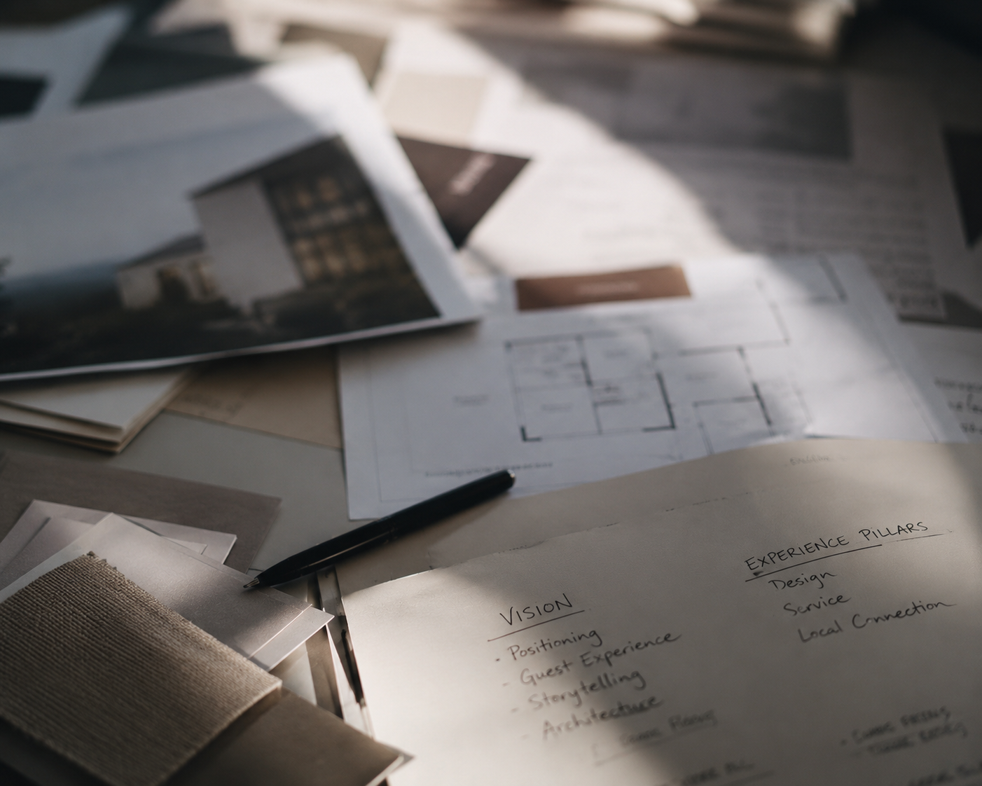Atelier Onyx - Architekturpläne, Fotos eines Gebäudes, Skizzen und Prototypen liegen auf einem Tisch, dazu ein Notizblatt mit Stichpunkten für Vision und Erfahrungssäulen.