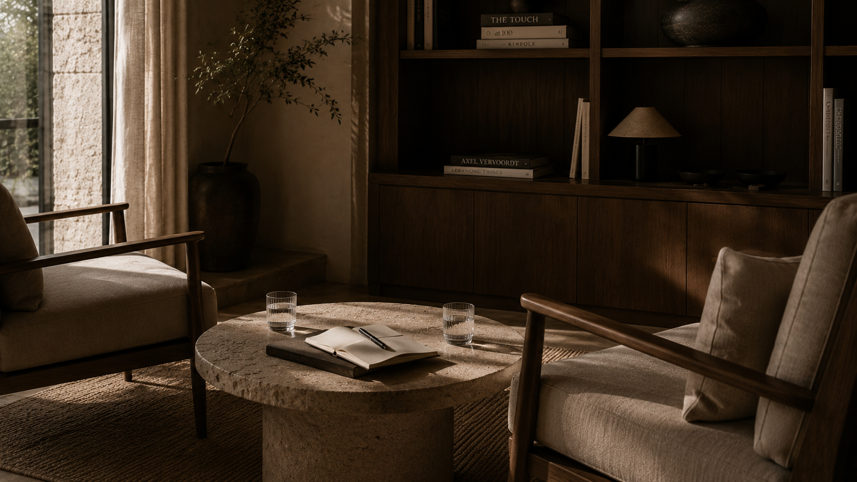 Atelier Onyx - Wohnzimmer mit zwei Sesseln, einem runden Couchtisch mit offenen Buch, einem Notizbuch und zwei Gläser Wasser, ein großes Fenster mit Vorhängen, eine dunkle Holzvitrine mit Büchern und Dekor, eine große Topfpflanze im Hintergrund.
