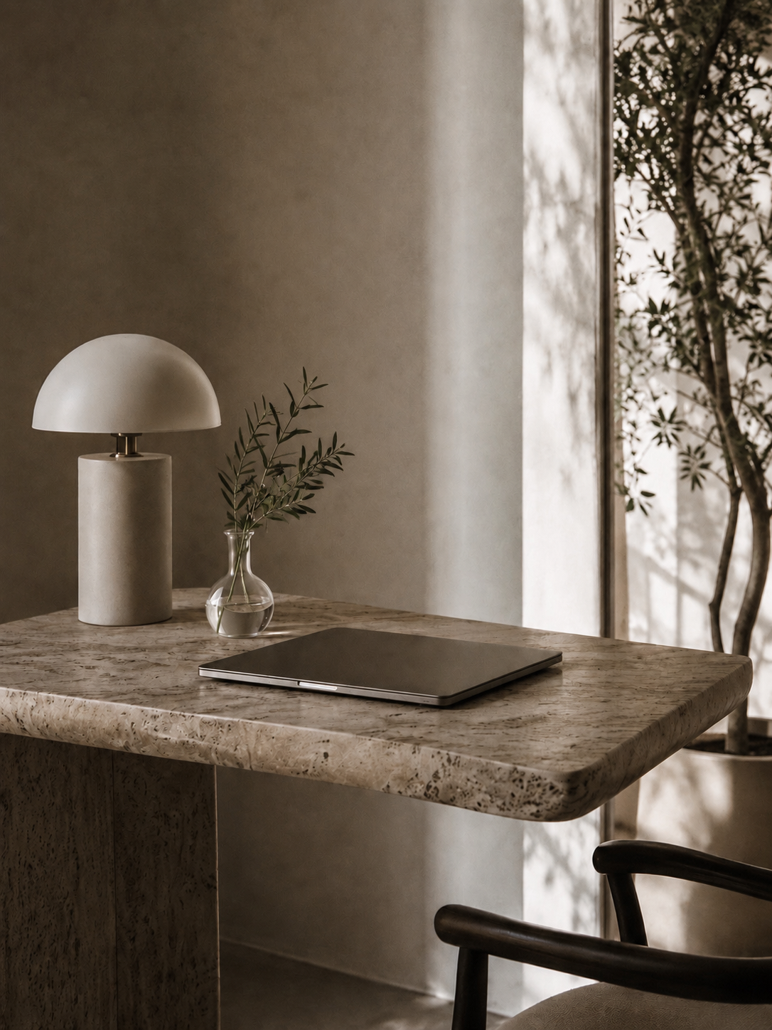 Atelier Onyx - Tisch mit einer modernen Lampe, einer kleinen Vase mit Zweigen und einem Laptop, vor einem Fenster mit Vorhängen und einer Pflanze im Hintergrund.