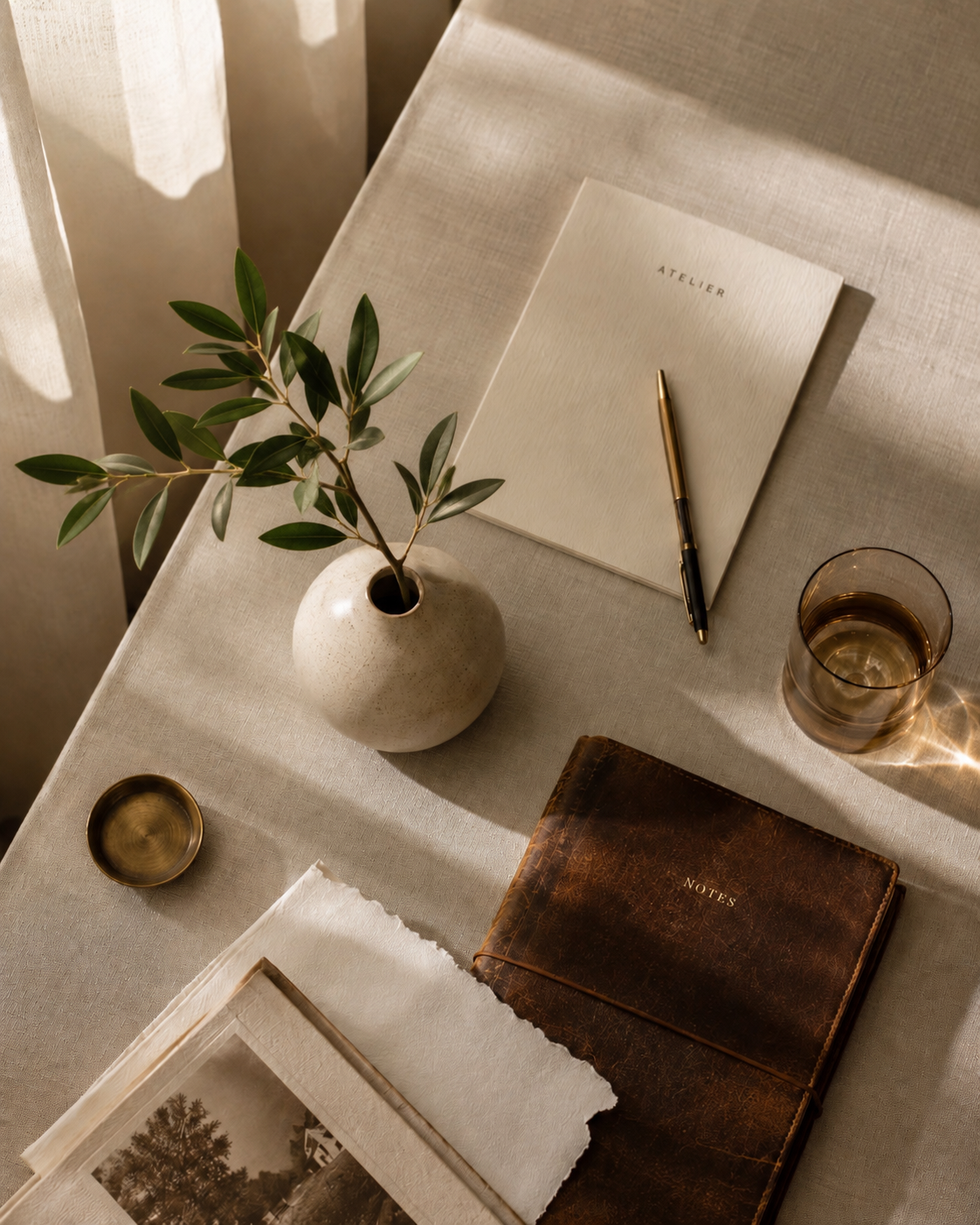 Atelier Onyx - Tisch mit einer Vase mit grünen Blättern, einem Notizbuch mit der Aufschrift ‚NOTES‘, einem weißen Buch mit ‚ATELIER‘ auf der Decke, einem Stift, einem Glas mit Wasser, einem kleinen goldfarbenen Schälchen und einem Fotoalbum.