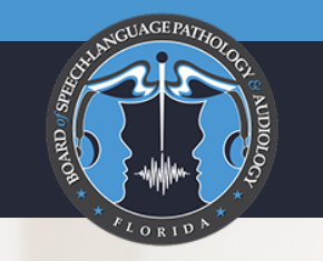 Logo of the Florida Board of Speech-Language Pathology & Audiology featuring two stylized figures, a microphone, and sound waves.
