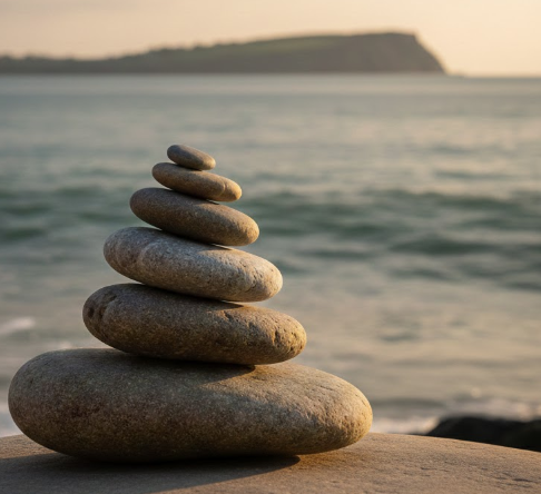 Stacked smooth stones on a beach with ocean and distant land in the background.