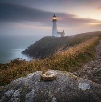 A lighthouse on a coastal cliff at sunset with a pocket watch resting on a large rock in the foreground.