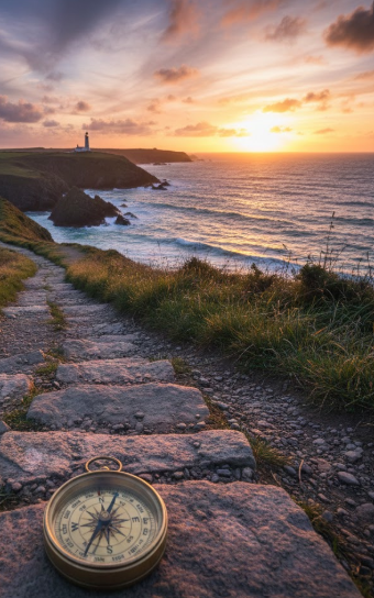 A coastal scene at sunset with a lighthouse on a cliff, a rocky path, and a compass in the foreground.