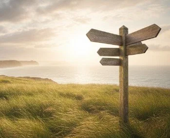 Wooden signpost with multiple directional signs on a grassy hill near the ocean at sunset or sunrise.
