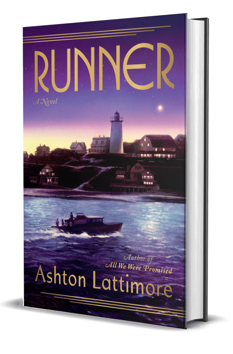 A book cover titled "Runner" by Ashton Lattimore. The cover features a scenic harbor at dusk with a lighthouse, houses, and a boat on the water, under a purple and yellow sky.