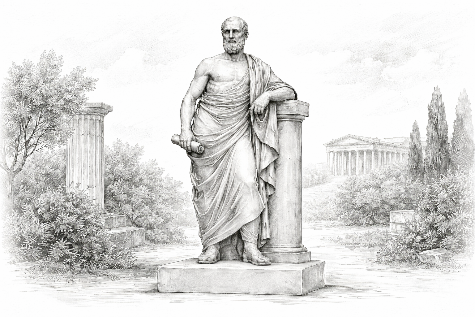 A black and white drawing of an ancient Greek statue of a man with a beard and long hair, wearing a draped toga, holding a scroll in one hand, standing next to a column, with ruins and trees in the background.