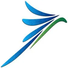 Stylized logo of a bird with blue wings and a green tail.