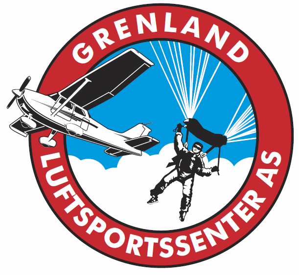 A circular logo with a red border, featuring a fighter jet flying in the background and a skydiver descending with a parachute. The text around the border reads "GRENLAND LUFTSPORTSSENTER AS."