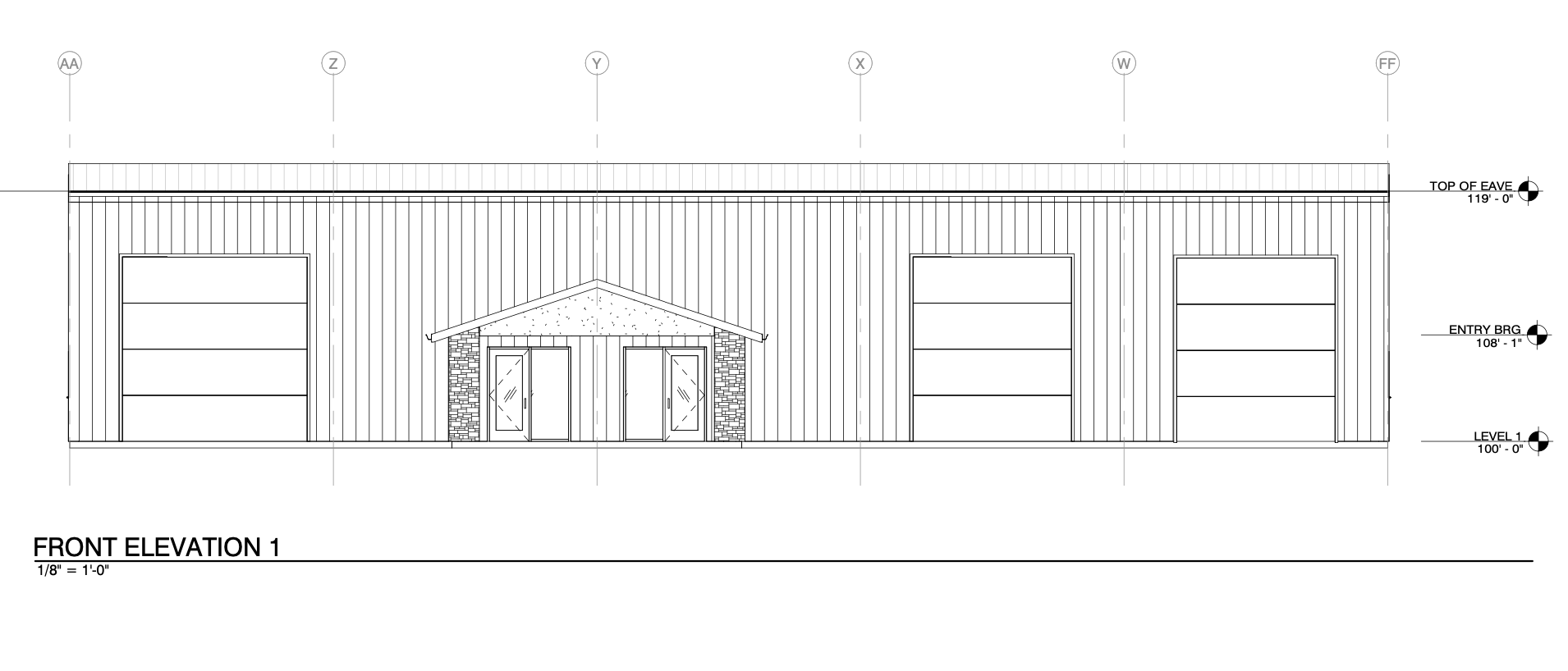 Architectural drawing of a building's front elevation, showing a central entrance with a gabled roof and two large garage doors on either side, labeled with height measurements.