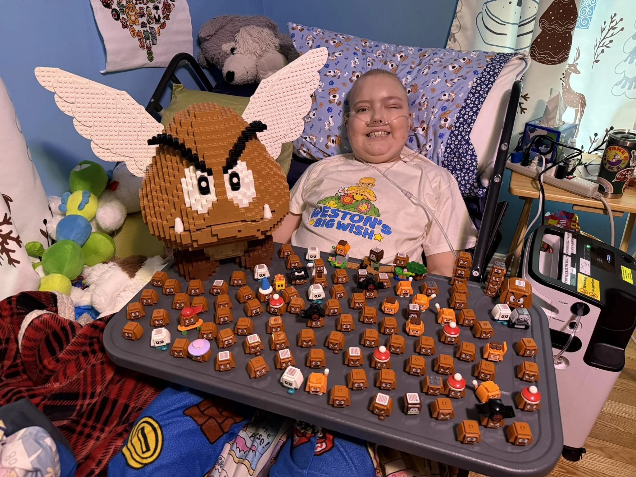 Young person with a tracheostomy lying in bed, smiling and surrounded by LEGO creations, including a large pixelated Beanie Baby inspired character and various small LEGO animals and figures, with a blue wall, stuffed animals, and a window in the bac