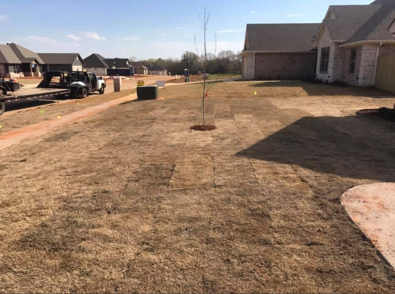 Yard view of a house with a fresh landscape install.