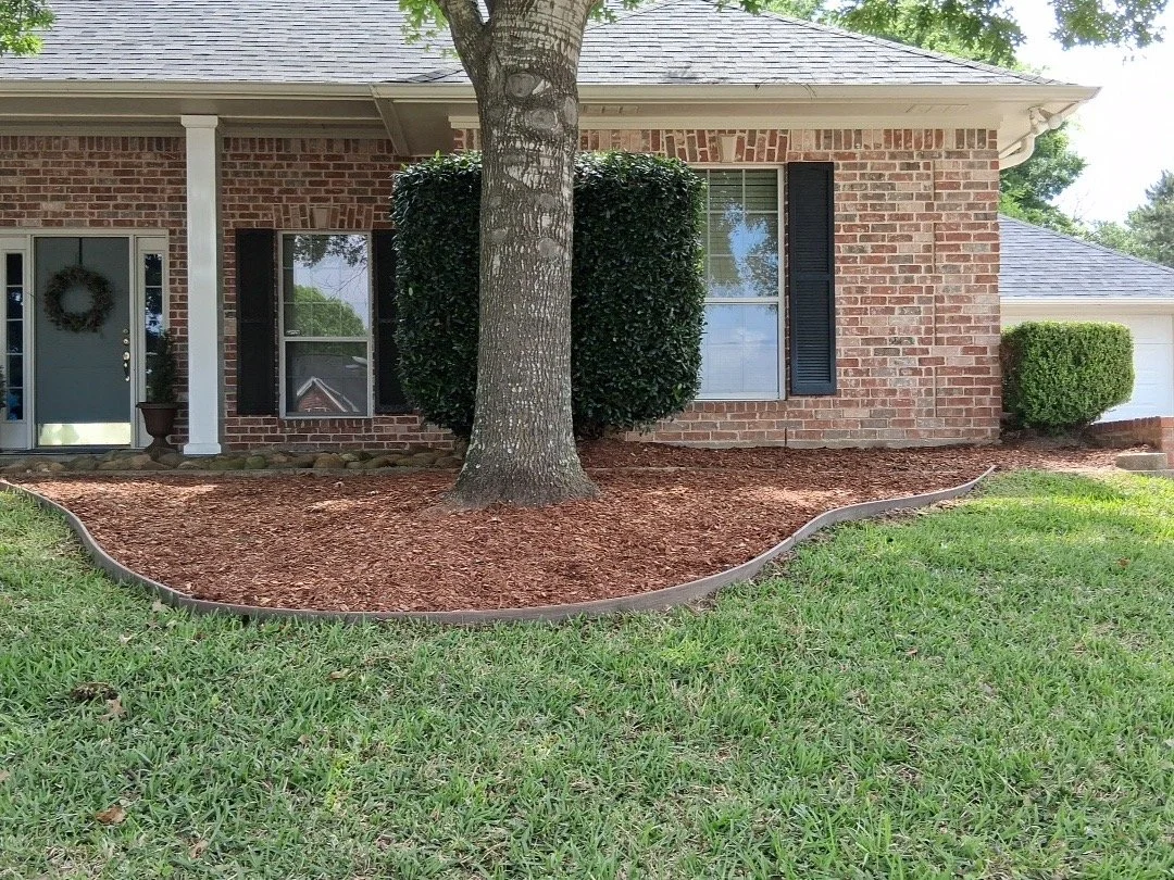 Front yard with a large tree surrounded by mulch, a brick house with two windows, black shutters, a front door with a wreath, a mailbox, and a well-kept lawn.